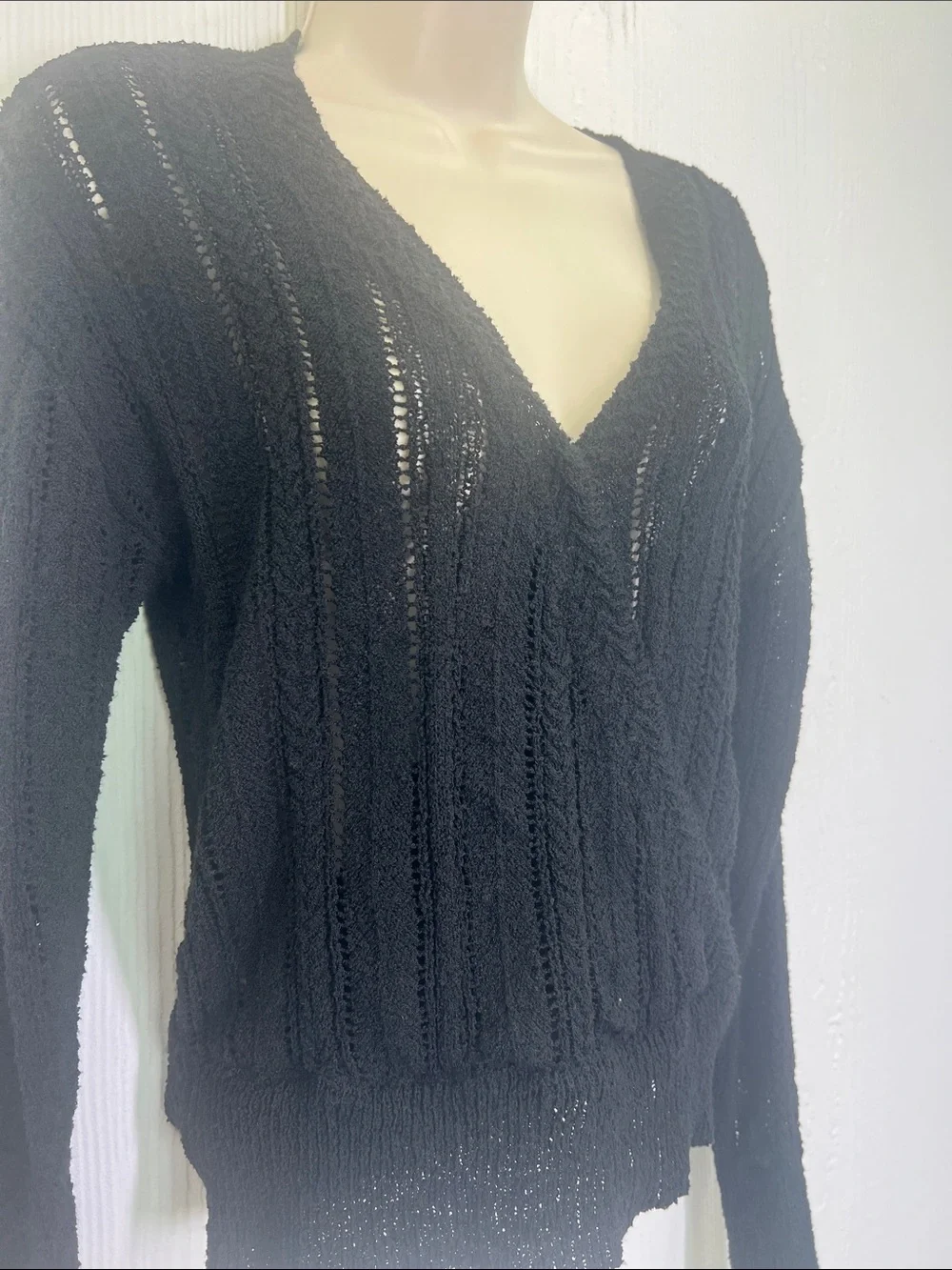 ASTR The Label - Wrap Front Pointelle Black Long Sleeve Lightweight Sweater SM